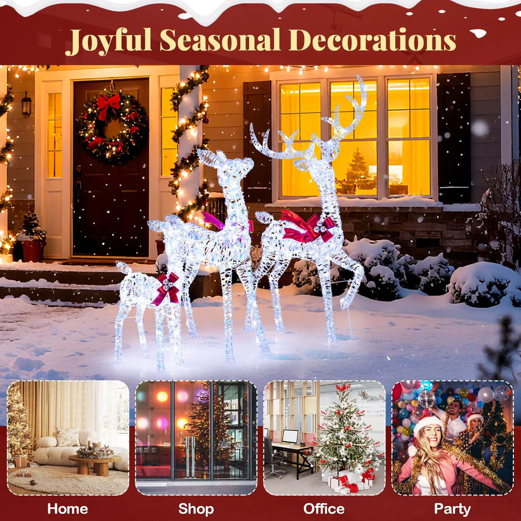 Tangkula 3-Piece Christmas Lighted Iridescent Reindeer Family Set with 215 Cold White LED Lights and Ground Stakes