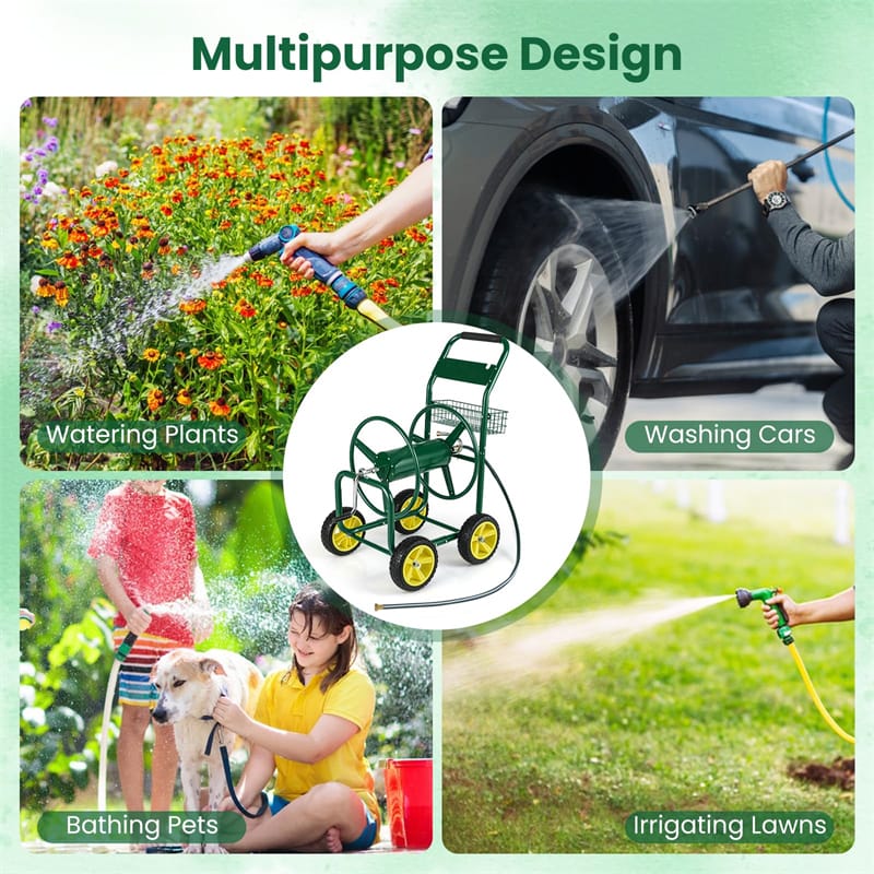 Heavy Duty Metal Garden Hose Reel Cart Holds 300FT of 5/8" Hose with 4 Wheels & Storage Basket, Portable Water Hose Organizer for Yard Lawn