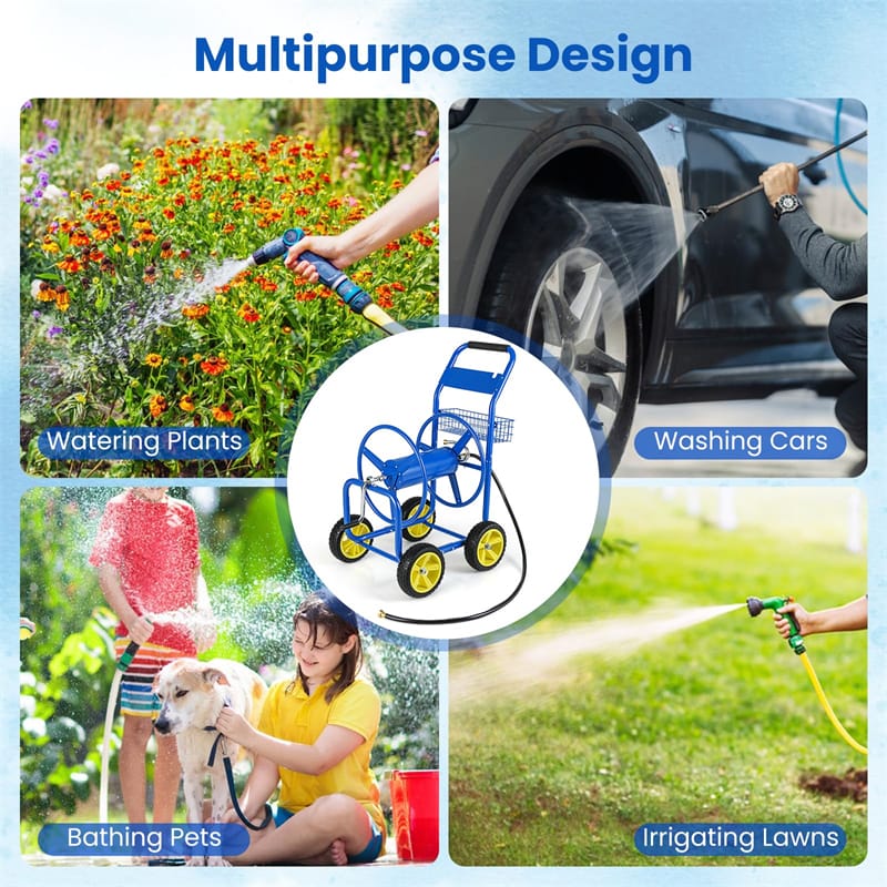 Heavy Duty Metal Garden Hose Reel Cart Holds 300FT of 5/8" Hose with 4 Wheels & Storage Basket, Portable Water Hose Organizer for Yard Lawn