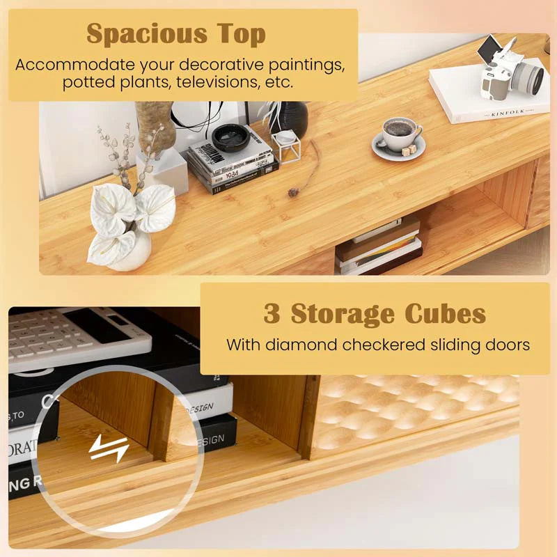63" Bamboo TV Stand for Up to 70" TVs, Mid Century Modern Entertainment Center Media Console with Sliding Doors & 3 Storage Cubbies for Living Room