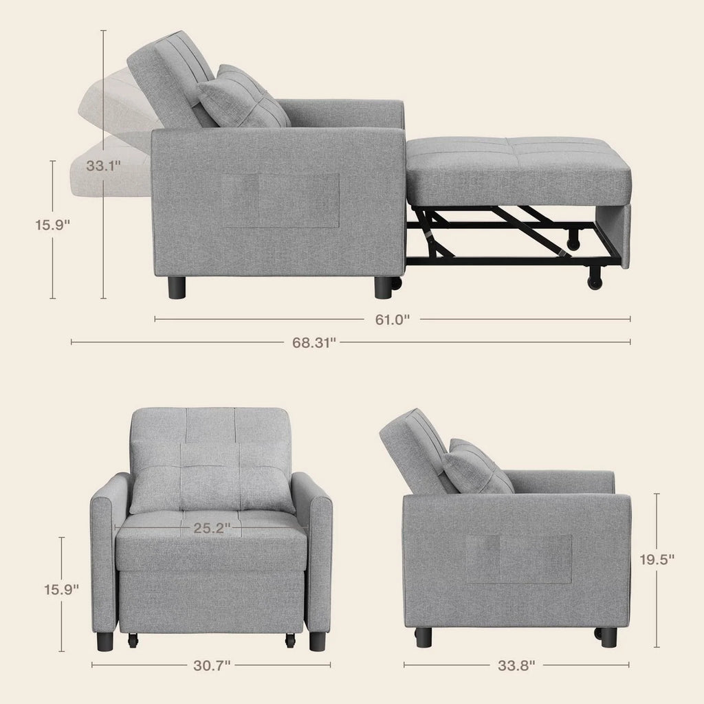 Lofka Chair Bed, Convertible Sofa Bed Couch Recliner Single Bed for Living Room/Office/Bedroom, Light Gray