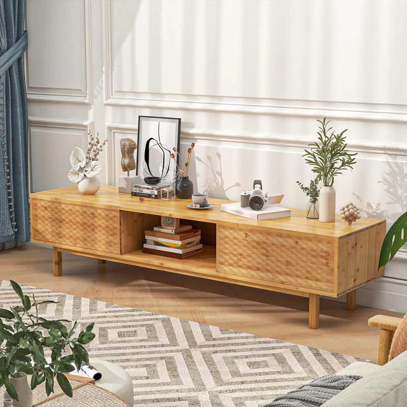 63" Bamboo TV Stand for Up to 70" TVs, Mid Century Modern Entertainment Center Media Console with Sliding Doors & 3 Storage Cubbies for Living Room
