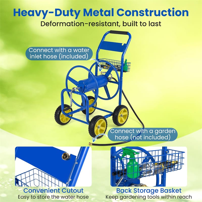 Heavy Duty Metal Garden Hose Reel Cart Holds 300FT of 5/8" Hose with 4 Wheels & Storage Basket, Portable Water Hose Organizer for Yard Lawn