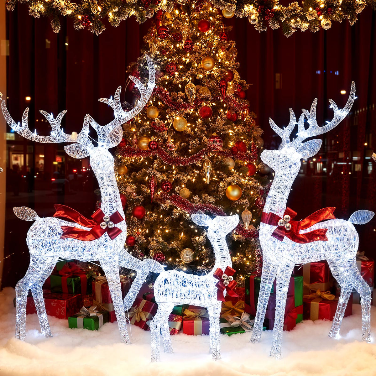 Tangkula 3-Piece Christmas Lighted Iridescent Reindeer Family Set with 215 Cold White LED Lights and Ground Stakes