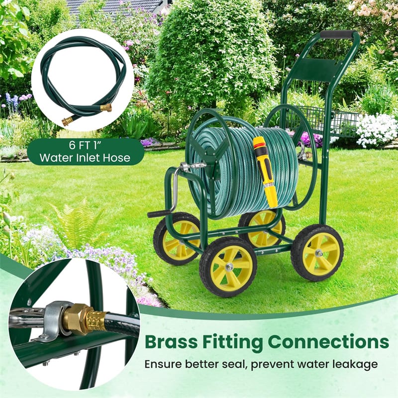 Heavy Duty Metal Garden Hose Reel Cart Holds 300FT of 5/8" Hose with 4 Wheels & Storage Basket, Portable Water Hose Organizer for Yard Lawn